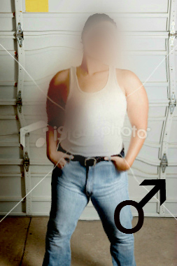 Previous butch woman is now modified. Her face is blurred out, her breasts are blurred out so she looks flat-chested, her shoulders are made broader, the waist of her jeans is brought up so it doesn't look like she has hips, her legs are made broader. In the lower right hand corner there is a black Mars/male symbol.