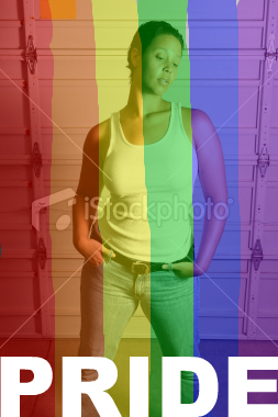 The original photo of the butch woman is modified so there are vertical translucent rainbow stripes, with red on the left edge and purple on the right edge. Bold white letters on the bottom read "PRIDE" in all capital letters.