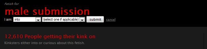 Fetlife snapshot of "male submission" fetish--12,610 people getting their kink on