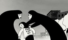 This panel shows the stark lack of detail in “Persepolis.”  Satrapi shows the details that are important, but leaves everything else blank.  In “Maus,” the faces of the individuals behind Satrapi’s parents would likely have been filled in, and the characters themselves would have had more details or shading.  By using strong lines and showing only what she wants, Satrapi controls the narrative and brings emphasis to the key emotions and plot points.  