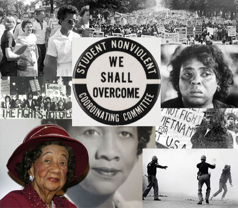 marchers with signs; we shall overcome; teargas; whites jeering; Fannie Lou Hamer