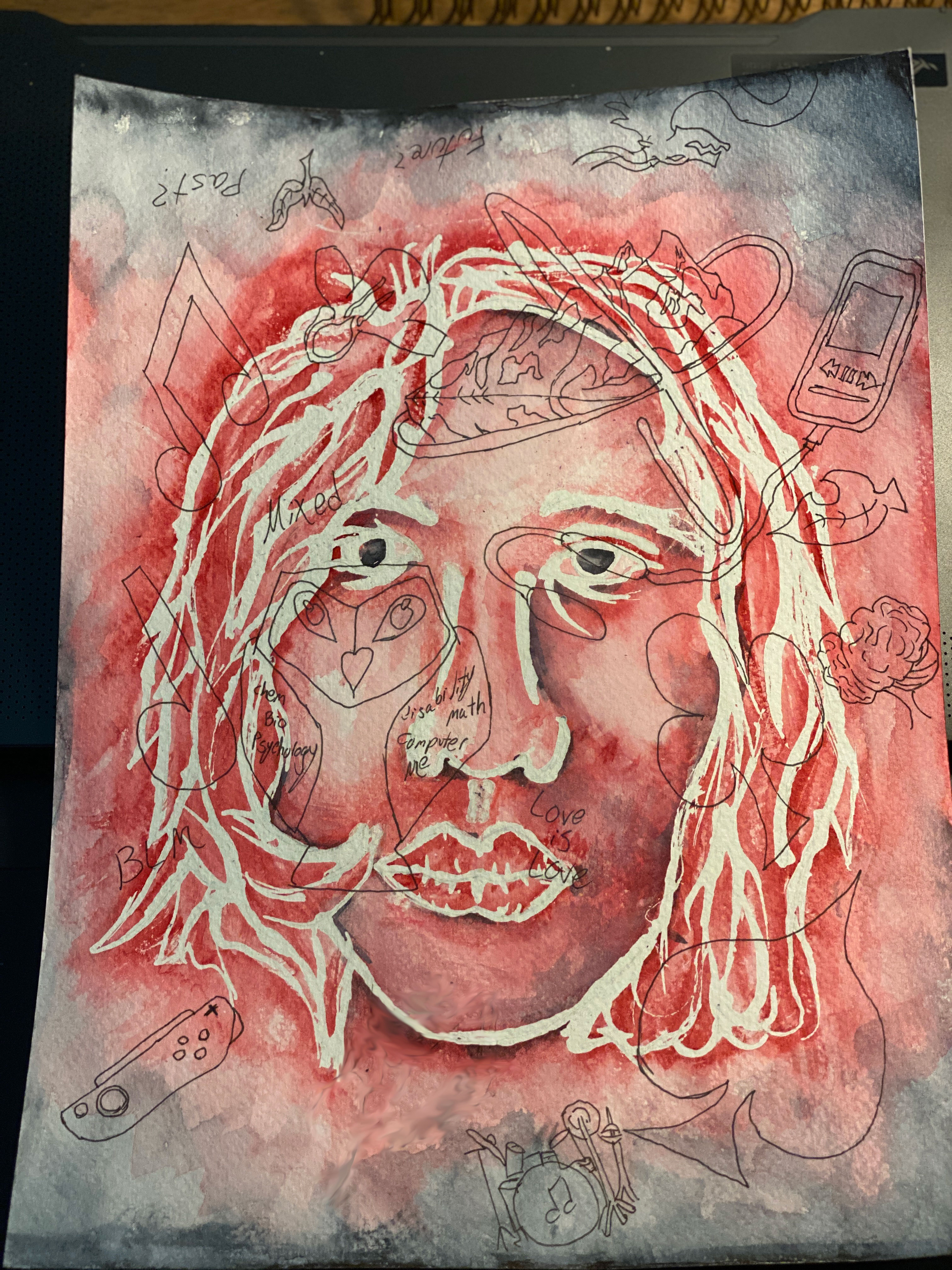 Watercolor red face with blank ink drawings surrounding and on top of image